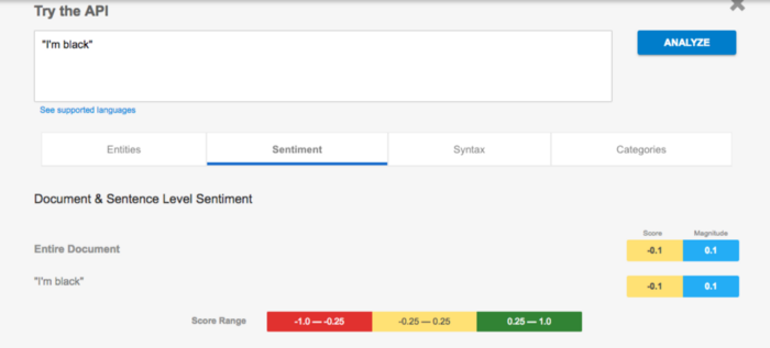 Google Sentiment API shows negatively terms such as “I’m black”