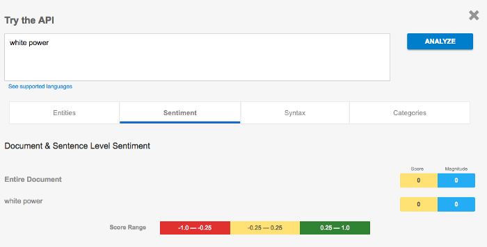 Google Sentiment API shows positively terms such as “white power”