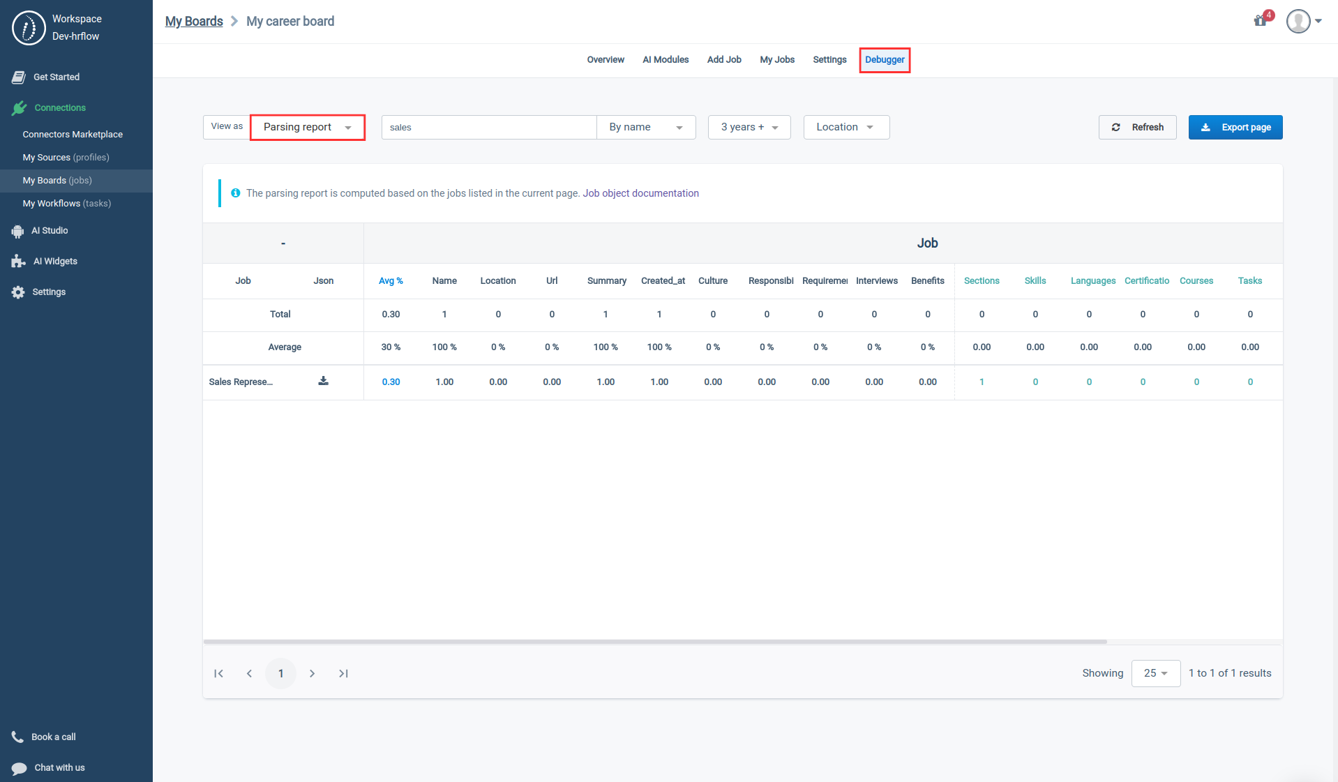 My Boards > BoardName > Debugger > Parsing report