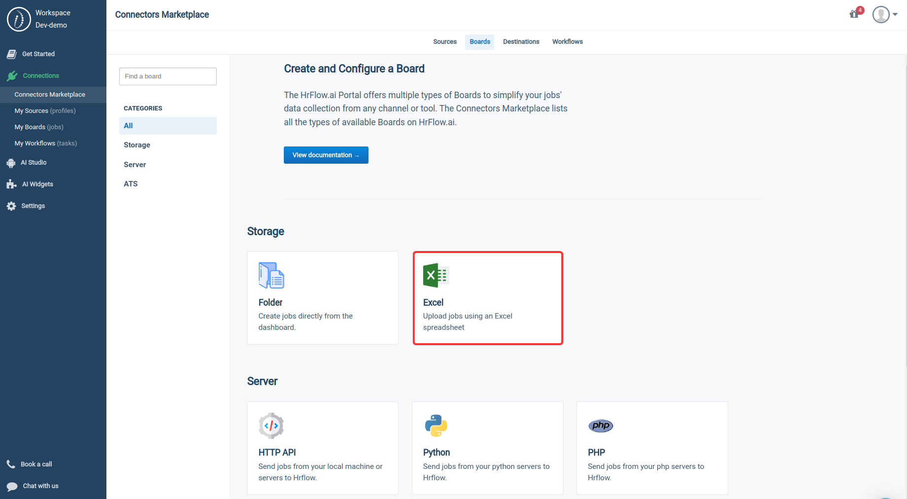 Connectors Marketplace > Connections > Boards > Excel