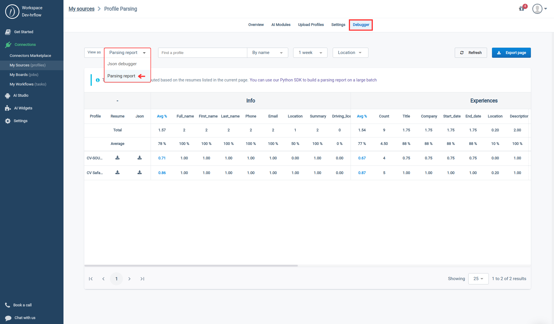 My Sources > SourceName > Debugger > Parsing report