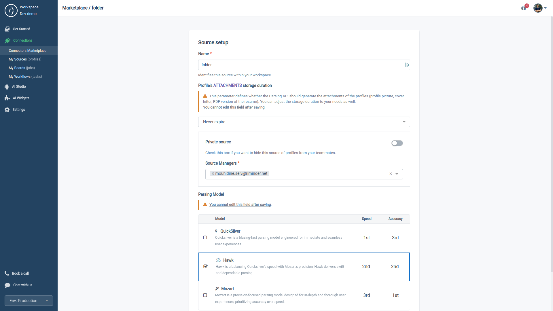 HrFlow.ai Workspace > Connections > Marketplace > Source Creation