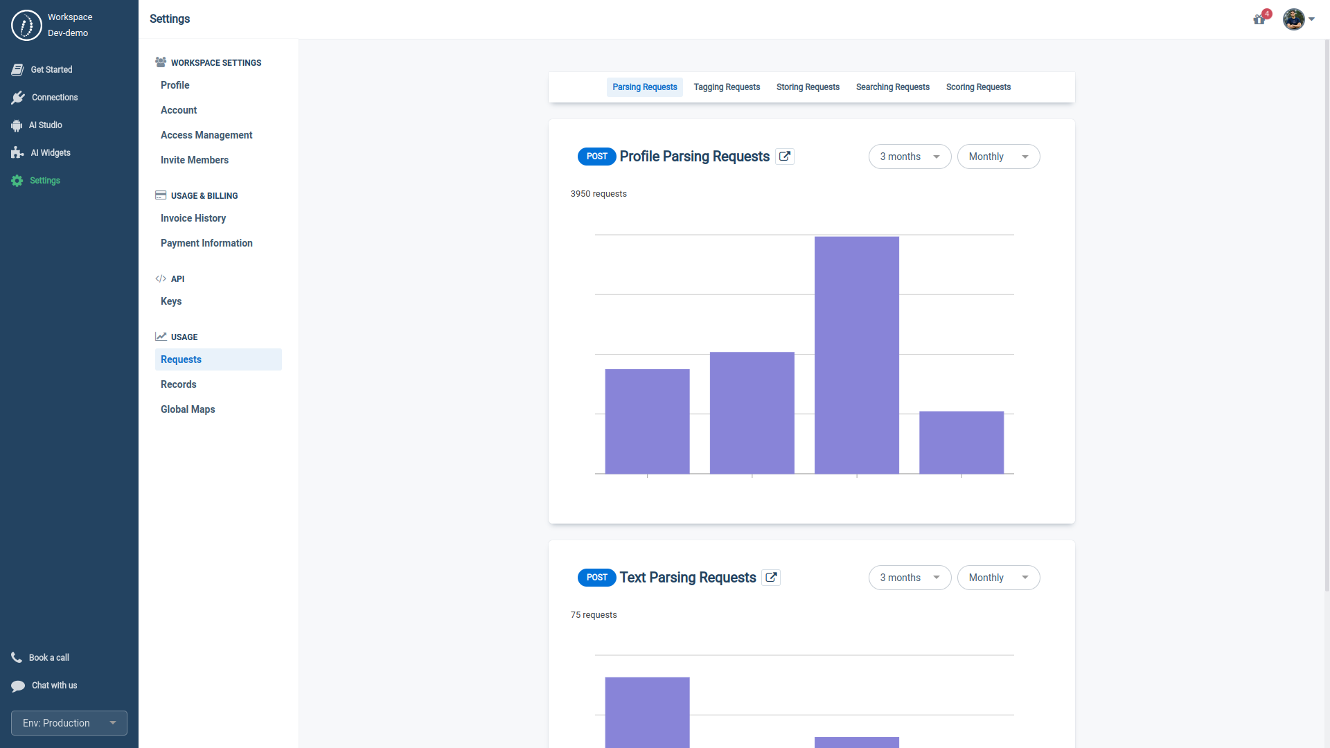 HrFlow.ai Portal > Settings > Usage > Requests